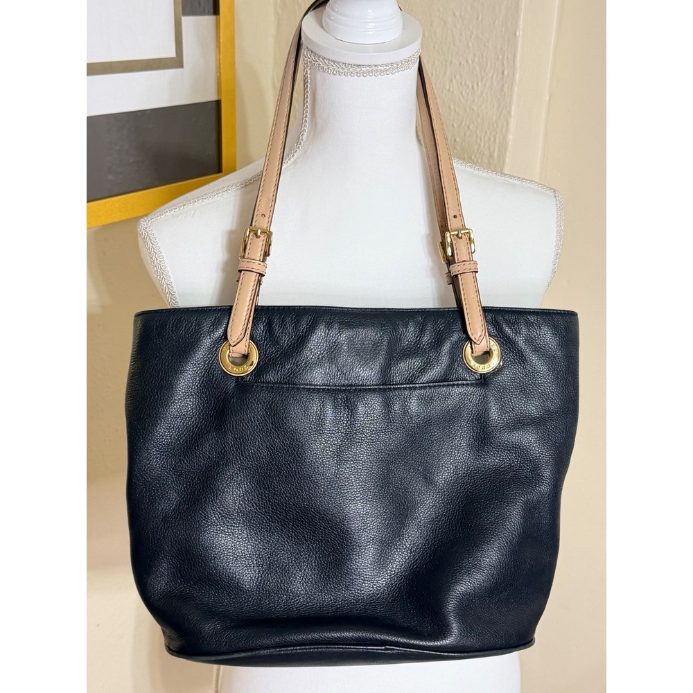 Michael Kors Bedford Black Pebbled Leather Tote Bag Tan Straps Gold Hardware - Picture 2 of 5